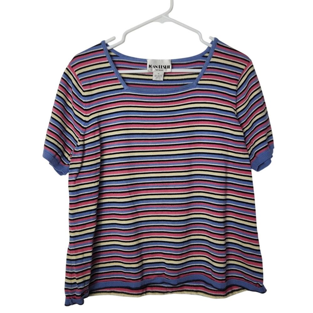 Joan Leslie Multicolor Striped Short Sleeve Square Neck T-Shirt Knit Top Size 1X
